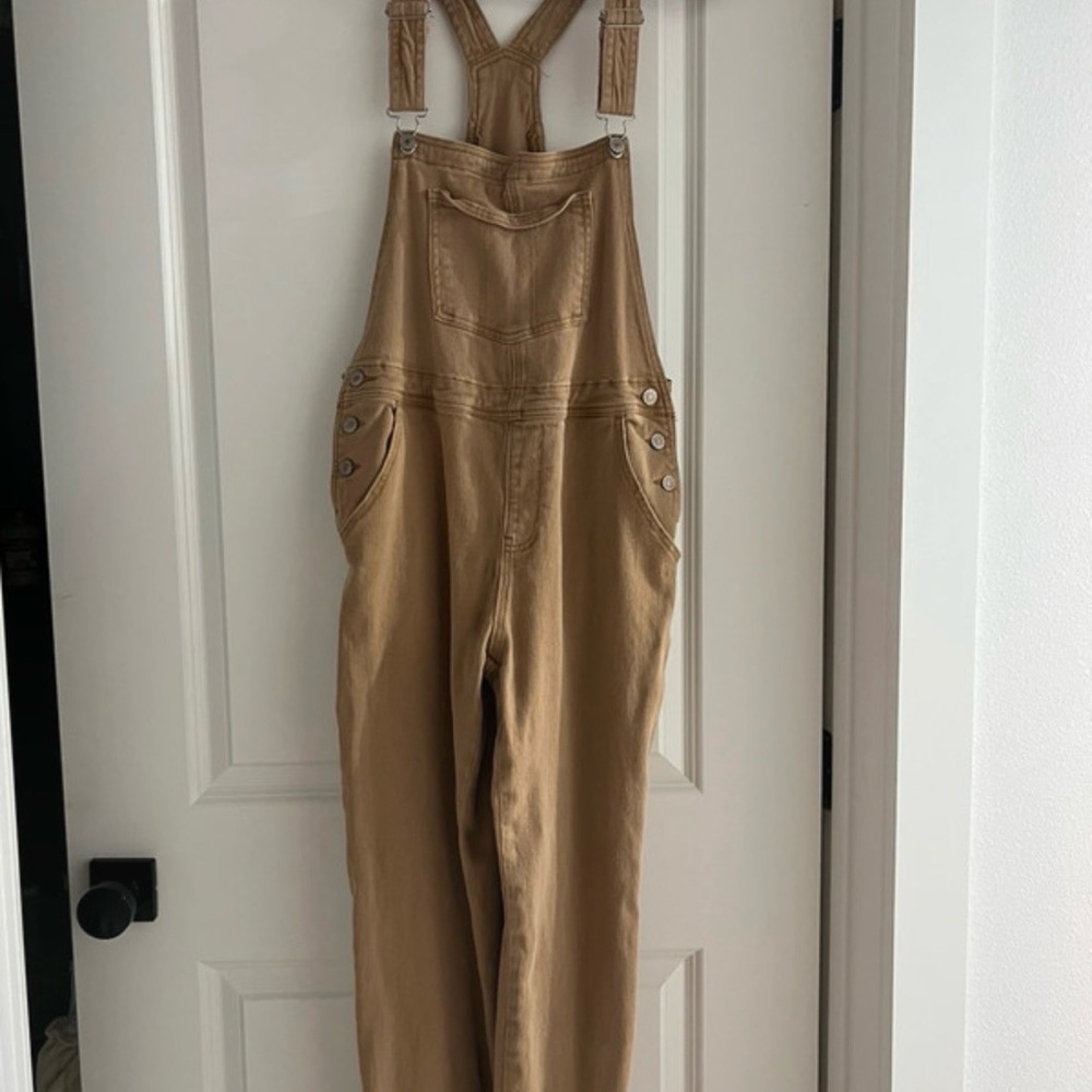 Women's Tan Overalls Jeans - Casual Straight-Leg Dungarees